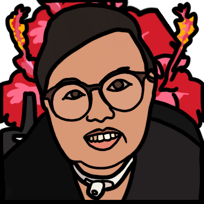 A bust-length portrait of disabled activist Stacey Park Milbern, drawn with thick black outlines. She is a Korean and white woman with short hair, glrasses and a trache in a wheelchair. She is smiling, wearing a black shirt. There are red and pink hibiscus flowers behind her.